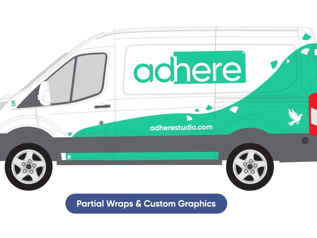 White cargo van with vinyl accent graphics in mint green