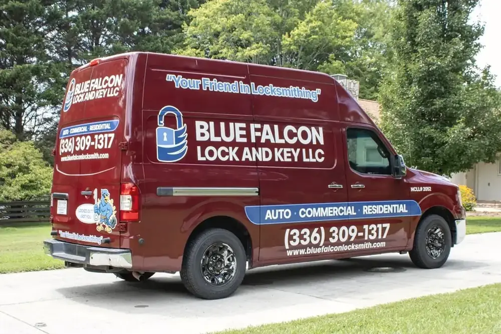 Blue Falcon Lock and Key burgundy van wrap