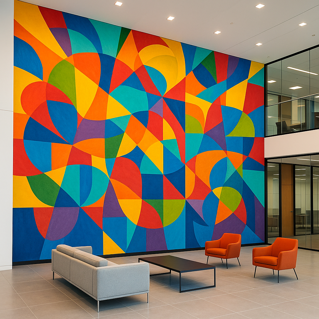 A large, vibrant wall mural in a corporate office lobby.